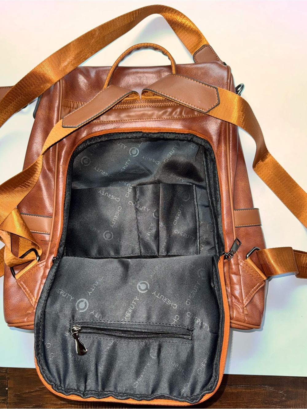 Camel Faux Leather Backpack Adjustable Straps - Picture 3 of 4